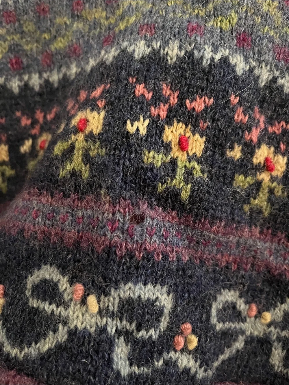 Susan Bristol Navy Wool Hand-Embroidered Cardigan with Pink and Red Accents - Picture 3 of 5
